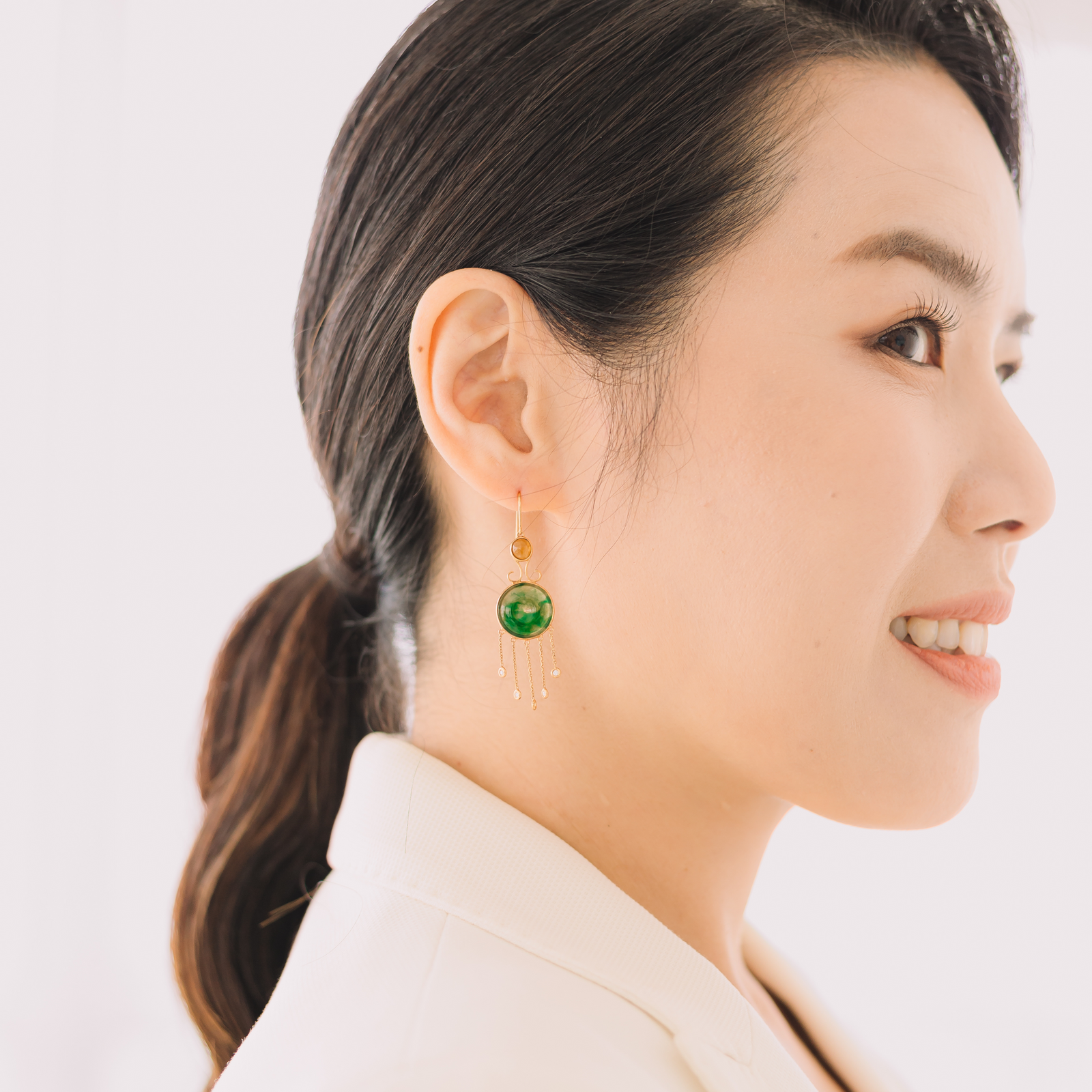 Modern chinese green jade drop earrings with red jade and diamonds a perfect jade gift