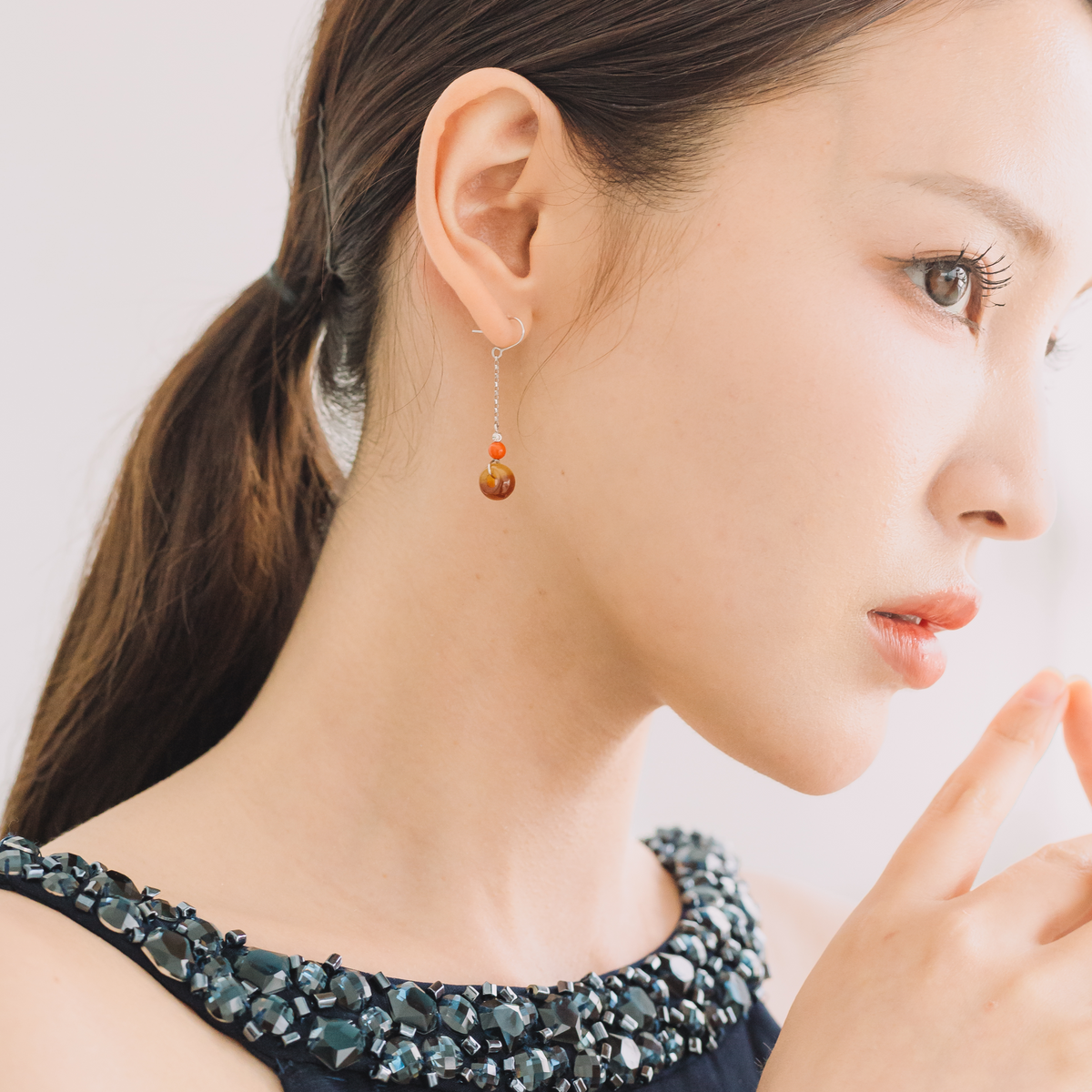 Red Jadeite Earrings with Coral Bead