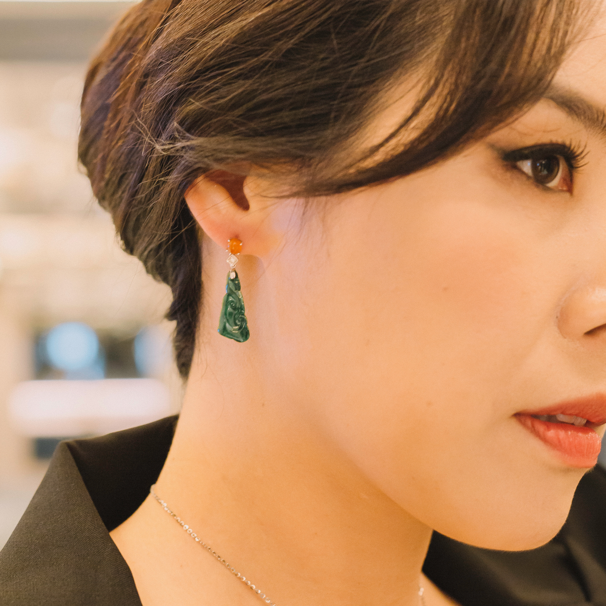 Green Jadeite Earrings with Diamonds and Red Jadeite