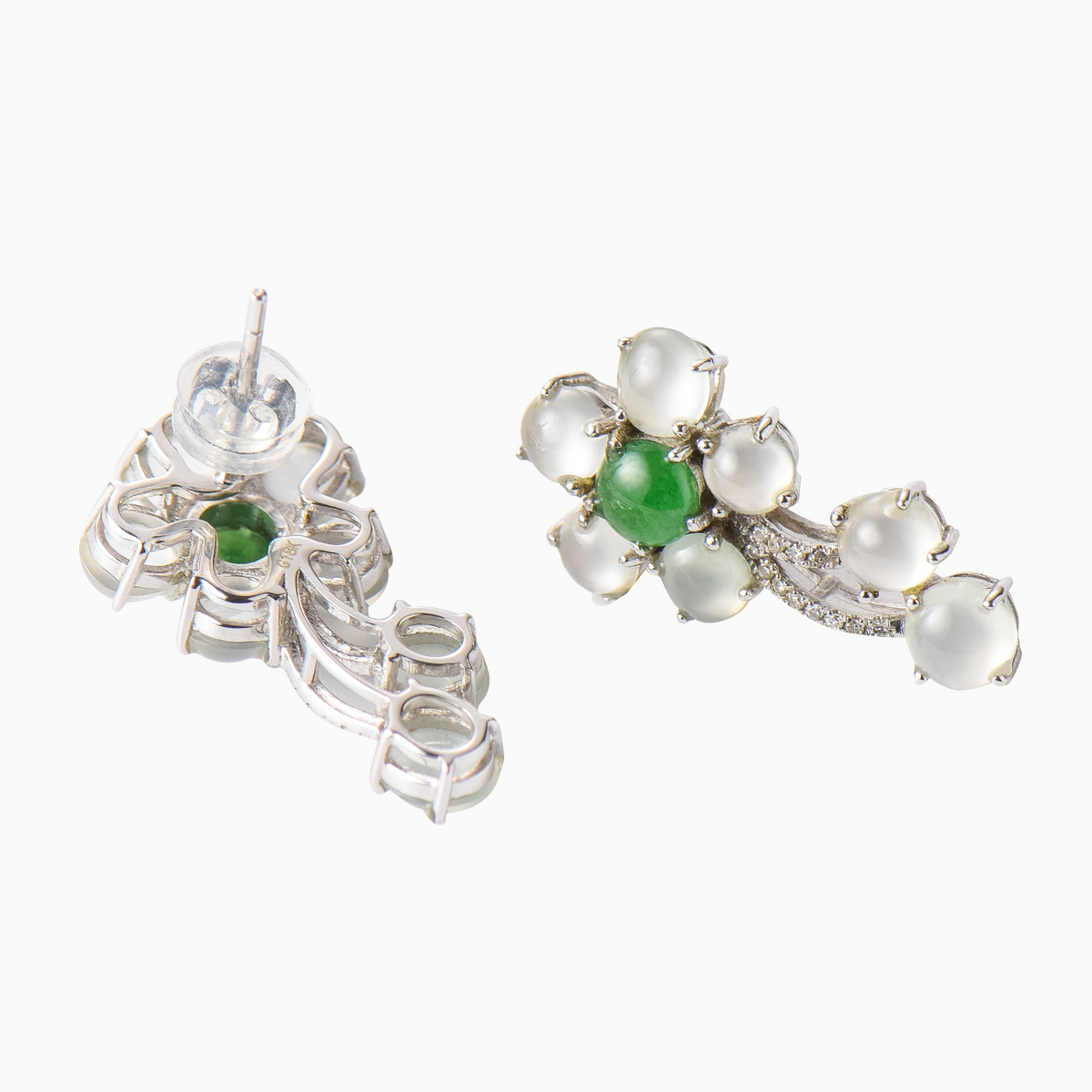 Blossoms: White Jadeite Earrings with Green Jadeite and Diamonds