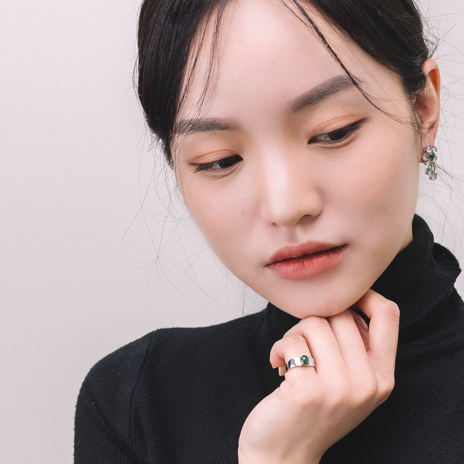 Green jade on a white gold 18k ring made for the little finger