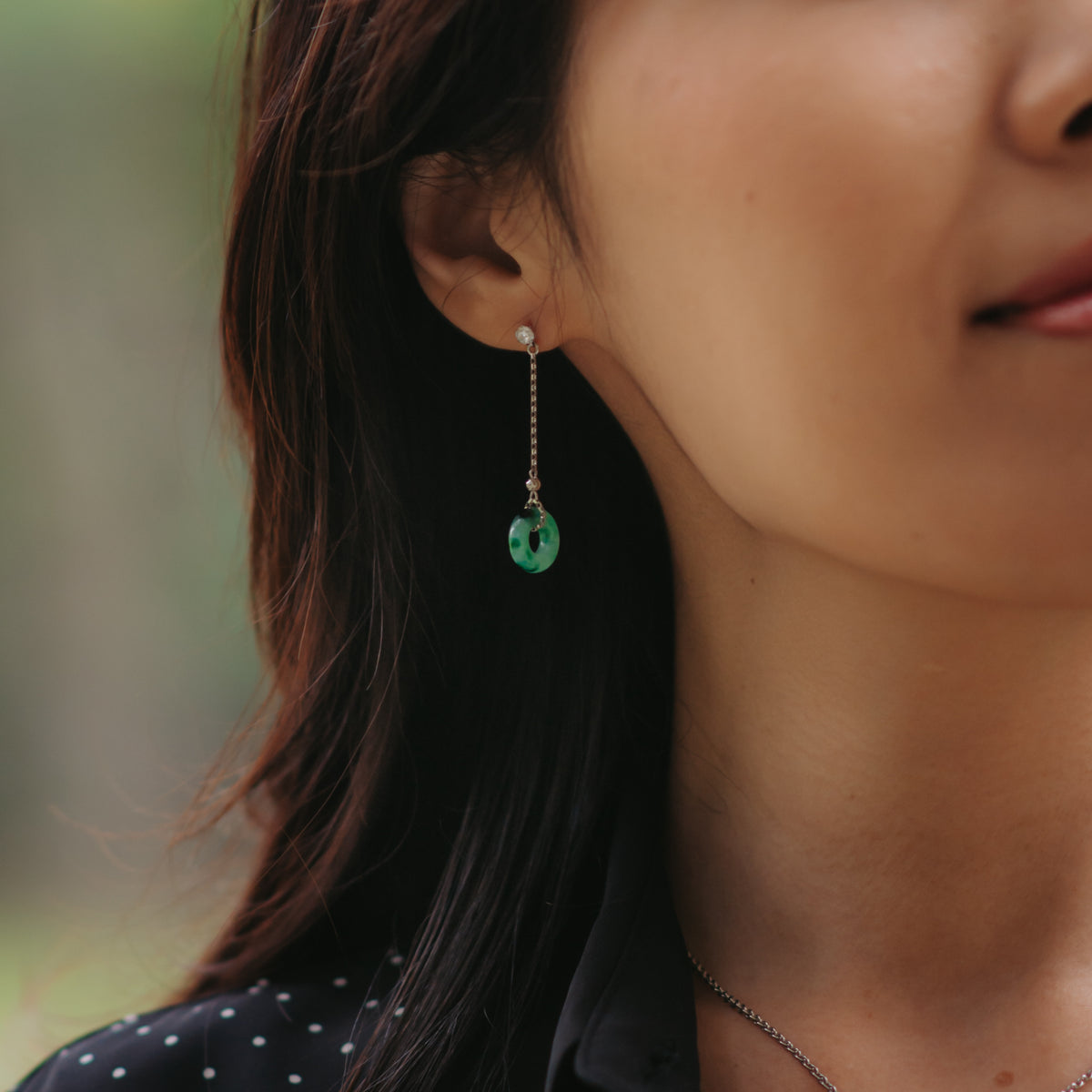 Green jade ring earrings with single stud diamond