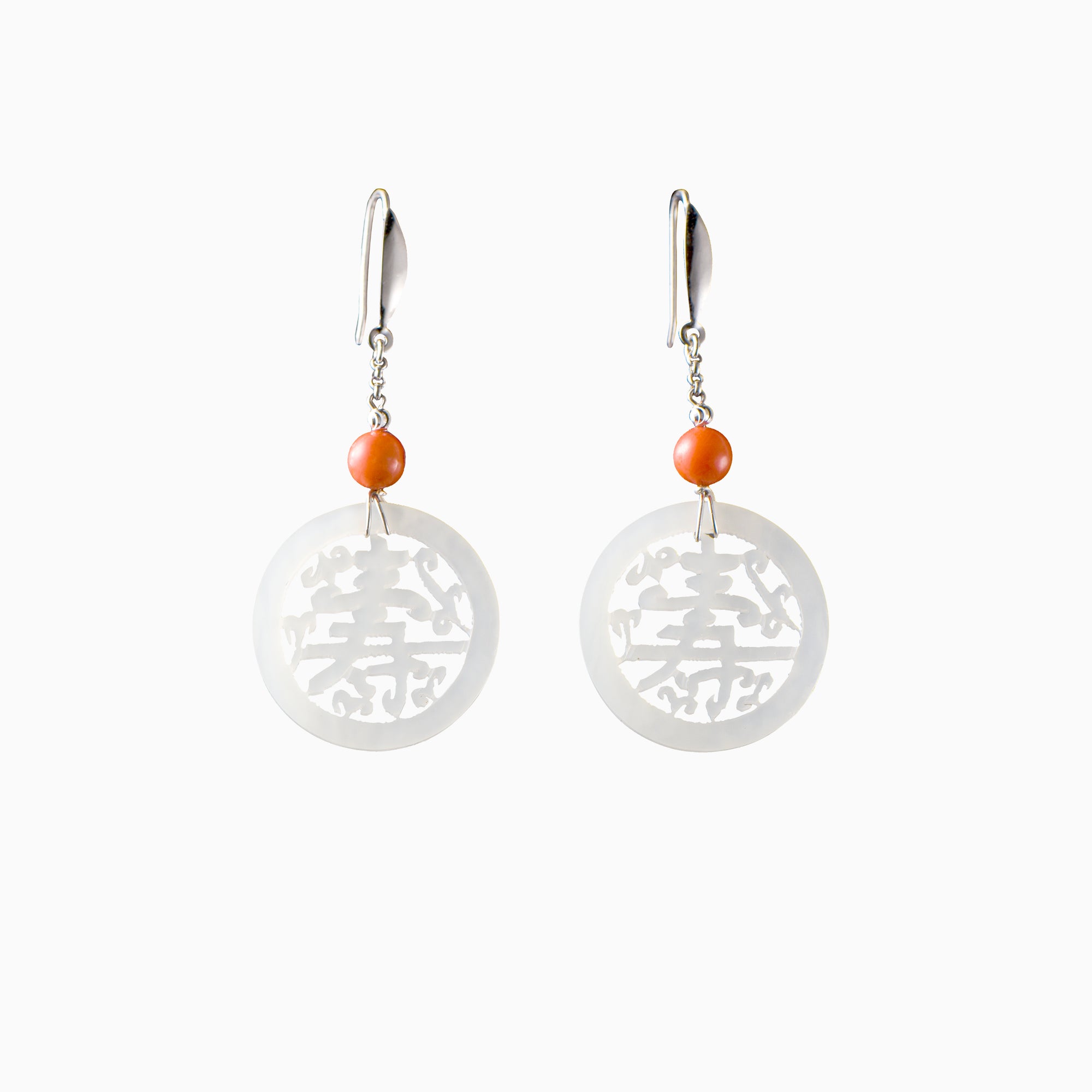 White jade earrings designed with the Chinese character for longevity