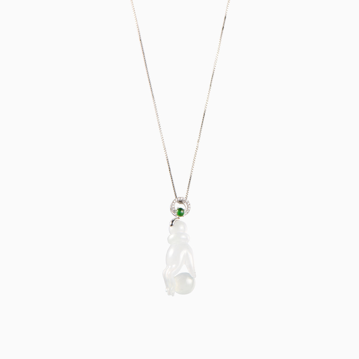 White jade buddha&#39;s hand pendant decorated with green jade and diamonds