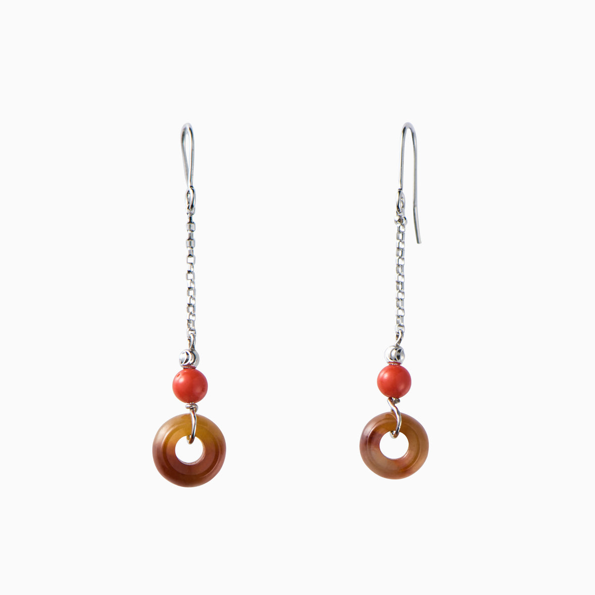 Warm red jade earrings with coral bead