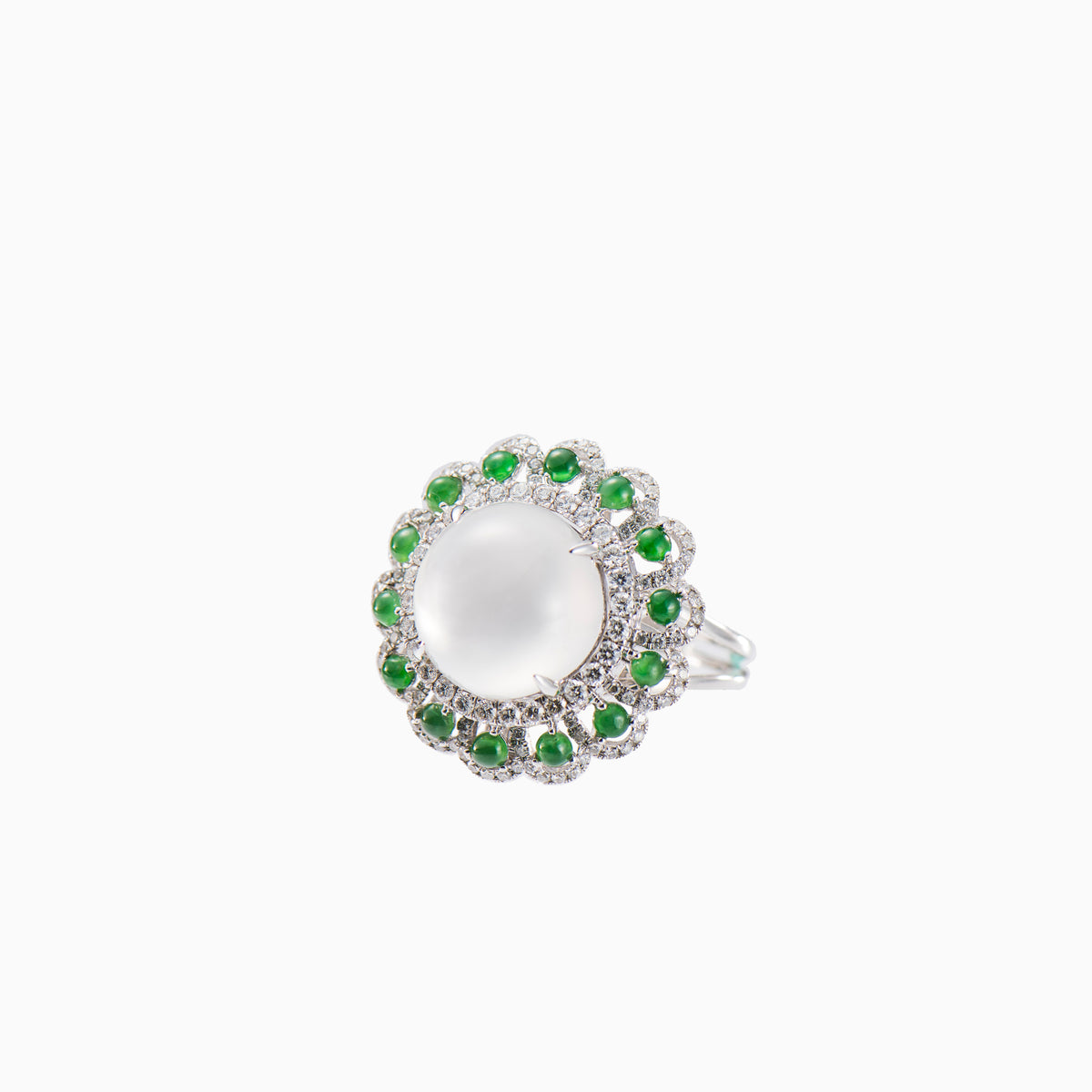A stylish white jade ring called &quot;Aura&quot; surrounded by diamonds and green jade