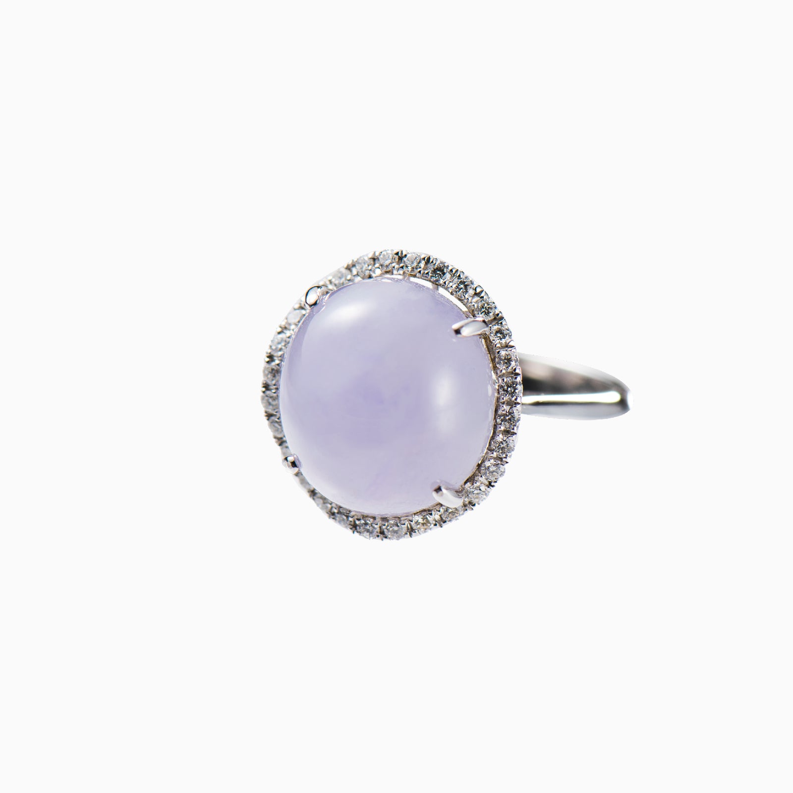 Burmese lavender jadeite ring surrounded by many diamonds