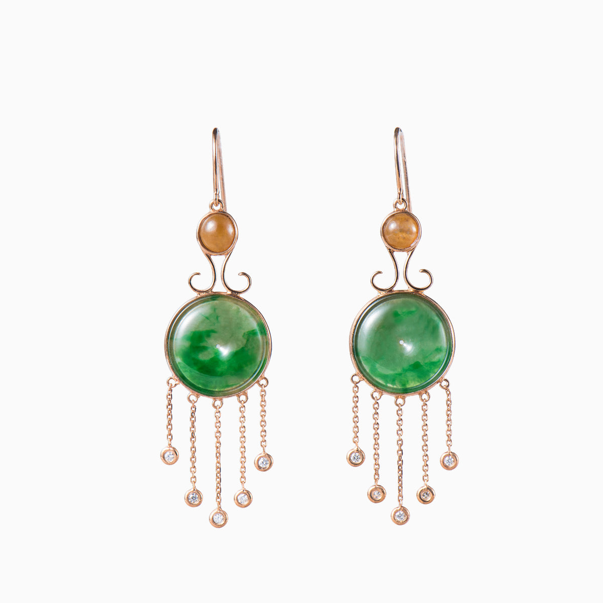 Modern chinese green jade drop earrings with red jade and diamonds a perfect jade gift