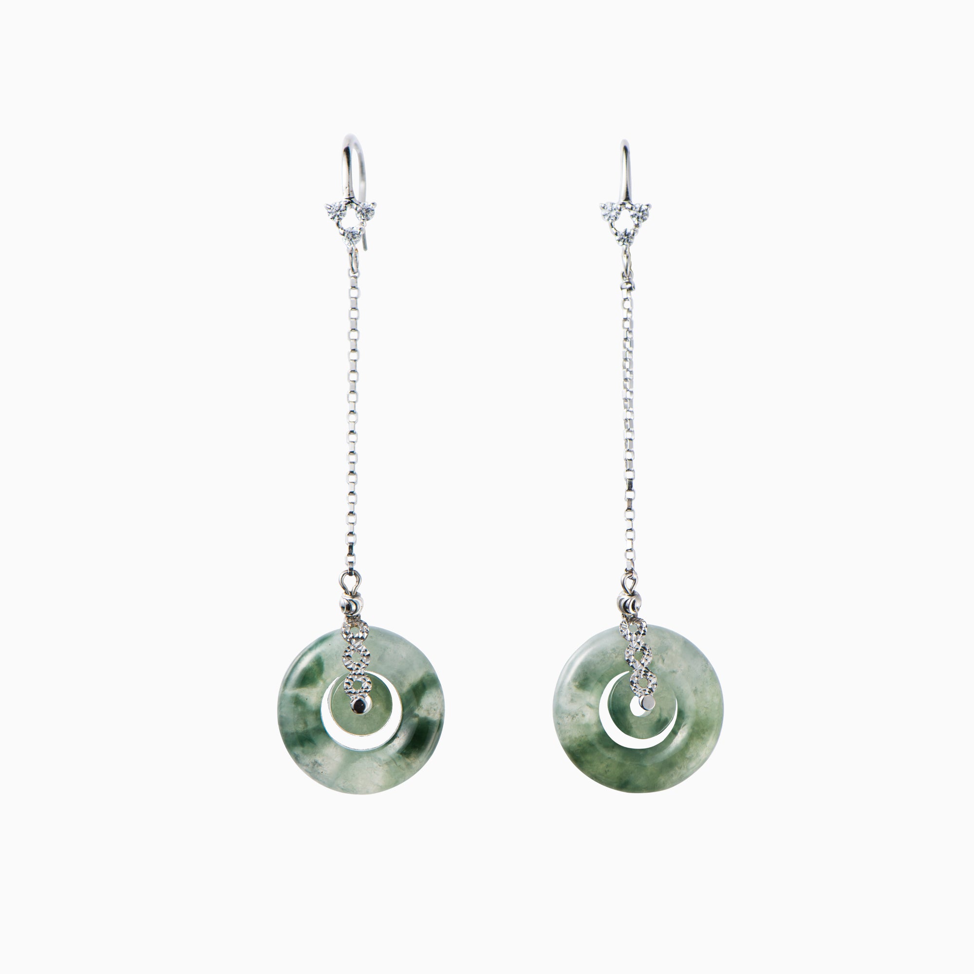 Double circle white jade earrings with diamonds and hints of green jade